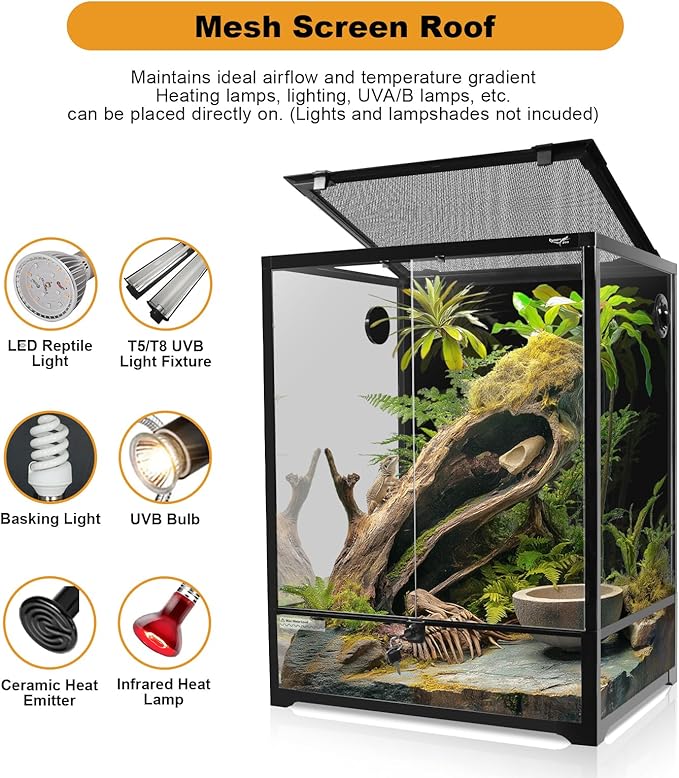 Glass Reptile Terrarium 24" x 18" x 30"Front Opening Chameleon Cage ull View Glass Terrarium Tank with Double Hinge Door for Reptiles Amphibians, Bearded Dragon Gecko Lizard Snake