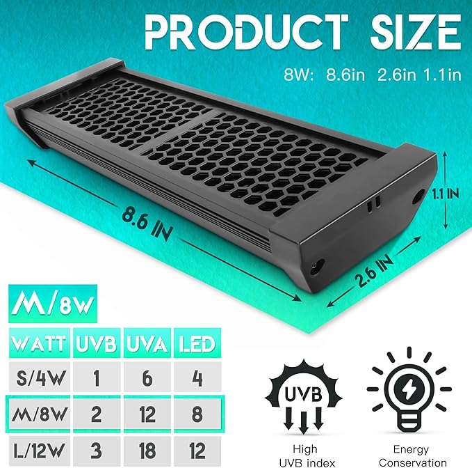 Dimmable LED Reptile UVB Lamp, 8000 Hours UVB Duration for Much Longer Lifespan, Adjustable 4/8/12-Hour Cycles, Suitable for Gecko, Chameleon, and Bearded Dragon, 8W, M Size