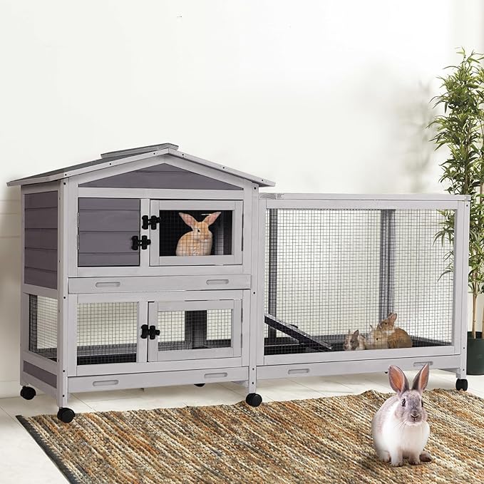 Gutinneen 2-Story Rabbit Hutch Indoor Large Bunny Cage with Chew-Proof Ramp - Wooden Rabbit Cage Outdoor with 6 Lockable Caster Wheels & Dual Pull-Out Trays for Rabbits, 62"L x 22.6"W x 33.5"H (Grey)