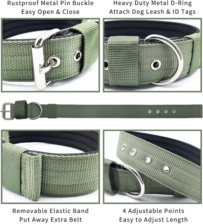Heavy Duty Tactical Dog Collar - 1.5" Width Military Durable Thick Nylon with Adjustable Metal D Ring & Buckle Working Training K9 Collar for Medium Large Dogs (S(14"-17"), Army Green)