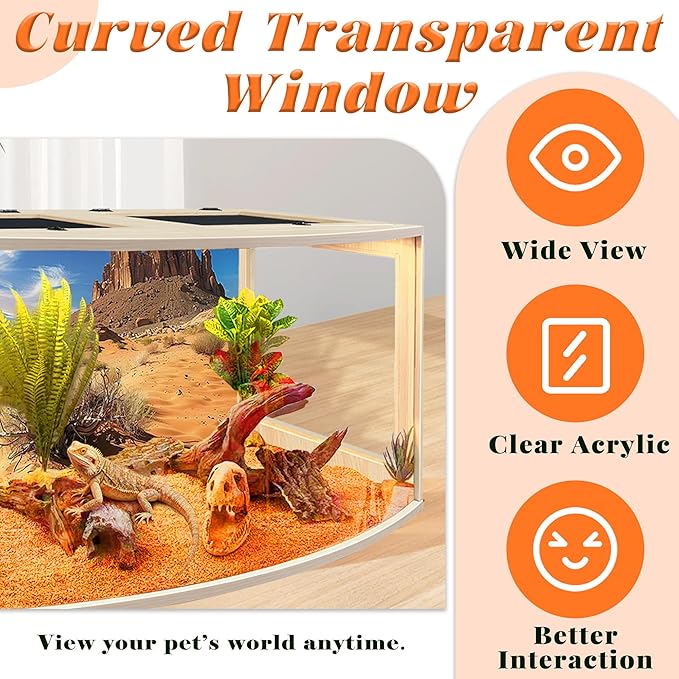 PROLEE Bearded Dragon Tank, Curved Reptile Enclosure with 3-Side Clear Acrylic Panels, Spacious Lizard Tank with Metal Mesh Top and Lockable Door for Reptile Habitat