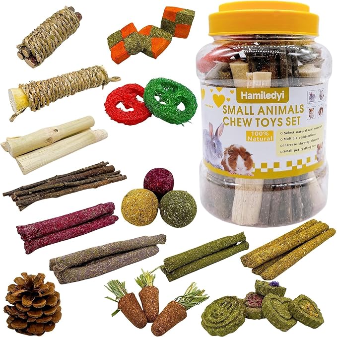 Hamiledyi Rabbit Chew Toys 450g/15.8OZ Natural Timothy Grass Molar Cakes Guinea Pig Apple Sticks Sweet Bamboo Handmade Treat for Bunny Hamster Chinchilla Squirrel