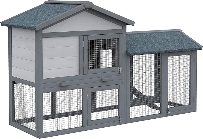 PawHut 58" Rabbit Hutch, Wooden Bunny Hutch, Guinea Pig Cage, Small Animal Enclosure with Run Area, Removable Tray, Asphalt Roof, Lockable Doors and Ramp, Dark Gray