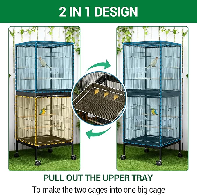 55 inch Wrought Iron Bird Cage Double Stackable Metal Cage w/Play Open Top and Rolling Stand with Pull Out Tray for a Canary Finch