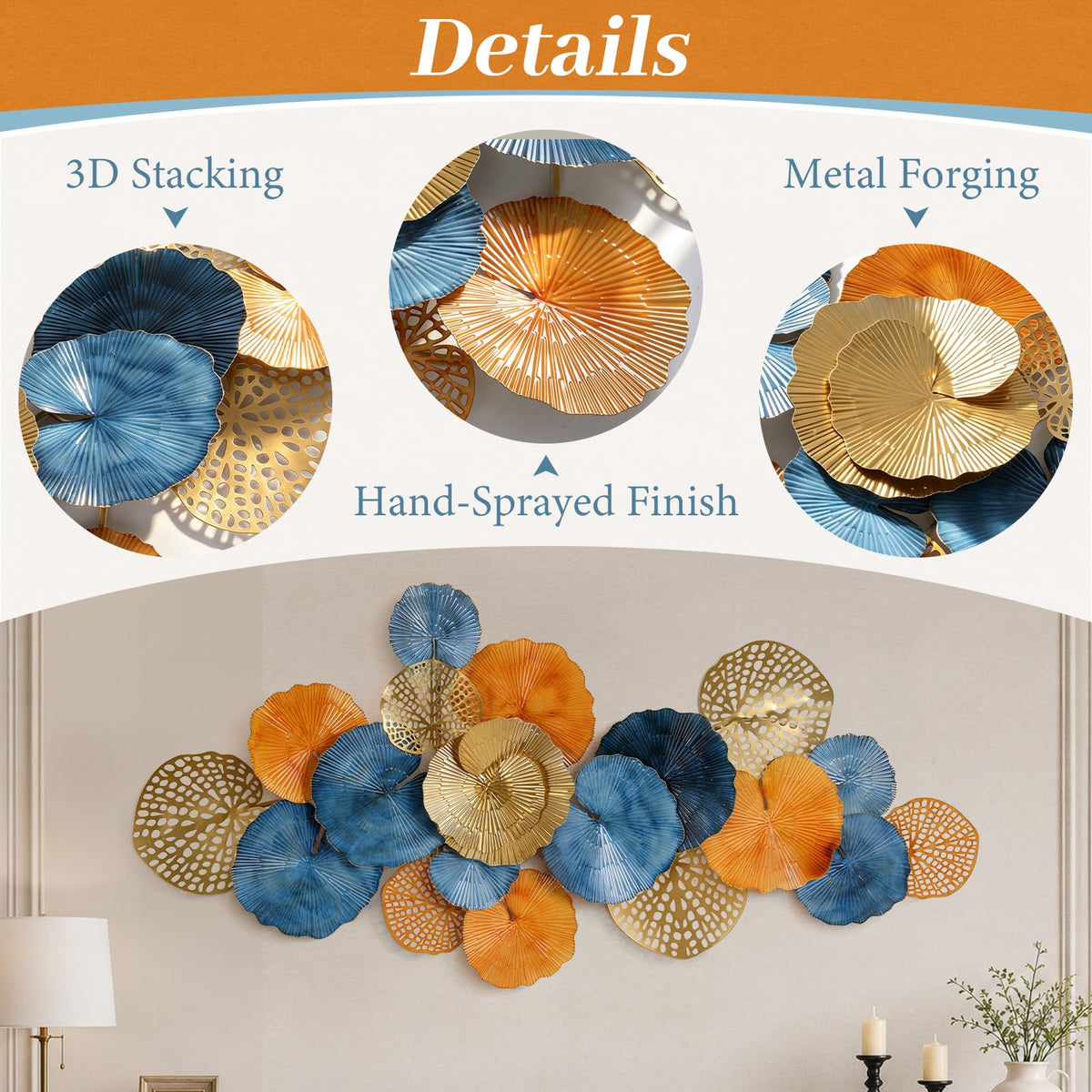 Modern 3D Large Metal Wall Art for Living Room Bedroom Entryway Decoration