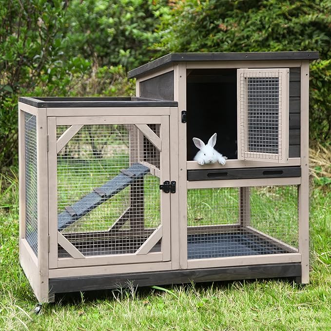 GUTINNEEN Rabbit Hutch Indoor and Outdoor, Rabbit Cage on Wheels with 2 Deep Pull Out Trays, Wooden Bunny Cage with Non-silp Ramp and Sliding Door, Mesh-Coffee Color