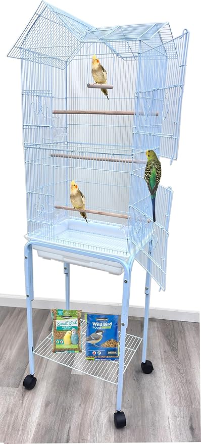 63" Roof Top Canary Parakeet Cockatiel Lovebird Finch Roof Top Bird Parrot Home Cage Side Nesting Box Doors with Removable Rolling Stand