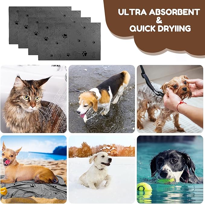 Chumia 4 Pcs Dog Towels for Drying Dog Puppy Bulk Microfiber Absorbent Paw Towel Pet Bathing Supplies Quick Drying for Medium Cats Pets Shower(24 x 40 Inch,Gray)