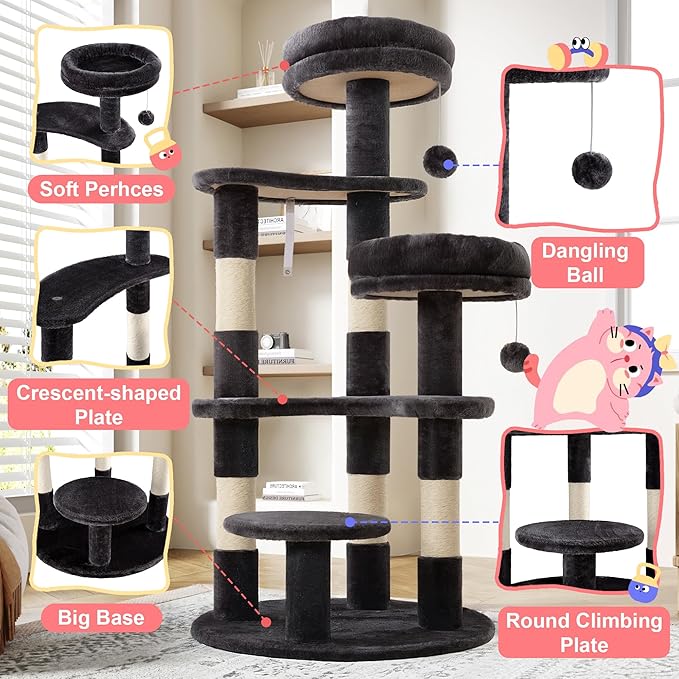 Allewie 55.5 in Cat Tree for Indoor Kitties/Soft Plush Perches/Multi-Level Cat Tower/Sisal Scratching Posts/Crescent Plates/Round Jumping Board/Hanging Ball/Pet Activity Center/Dark Grey