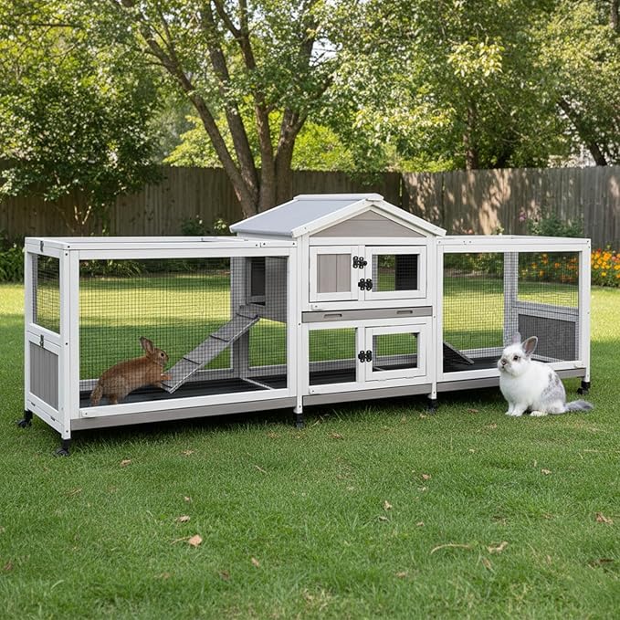 93” Large Rabbit Hutch Outdoor with Run, Wooden Expandable 2 Story Bunny House Rabbit Cage Indoor with 8 Wheels, Waterproof Roof, 4 Pull Out Trays, Guinea Pig Cage for Small to Medium Pets