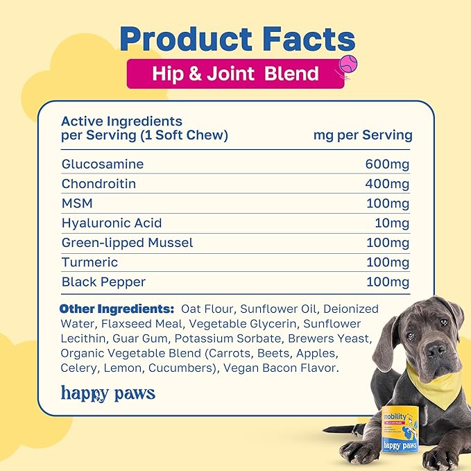 Happy Paws Hip & Joint Supplement for Dogs, Glucosamine Chondroitin for Dogs of All Breeds, Mobility Support Chews with Hyaluronic Acid & Turmeric, Vegan Bacon Flavor, Organic, Non GMO, 200 Chews