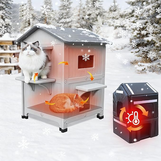 Rockever Plastic Outdoor Cat House with Insulated Liner, 100% Insulated Outdoor Cat Houses for Winter, Waterproof 2 Story Outside Cat Shelter, Clean and Assemble Easily-Grey