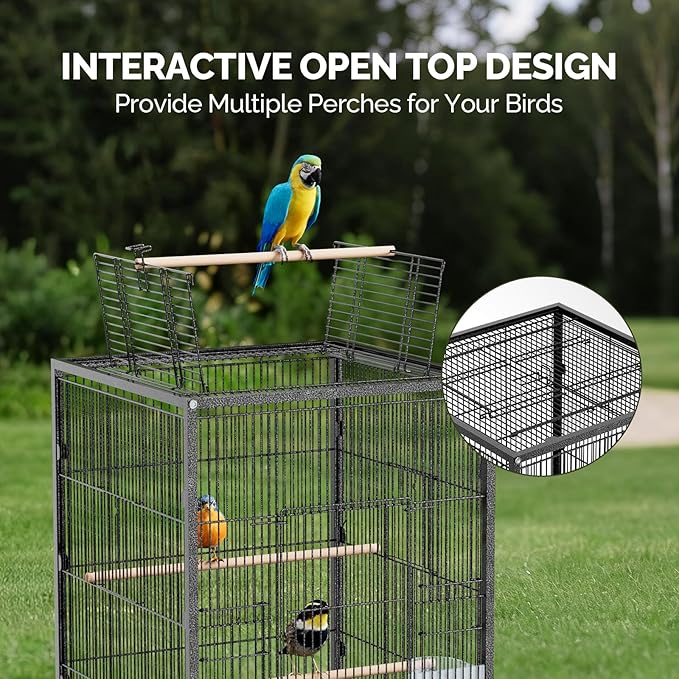 VINGLI Bird Cage with Wheels, 38-Inch Open Top Wrought Iron Bird Cage, Rolling Parakeet Cage for Cockatiels Lovebird Finches Canaries