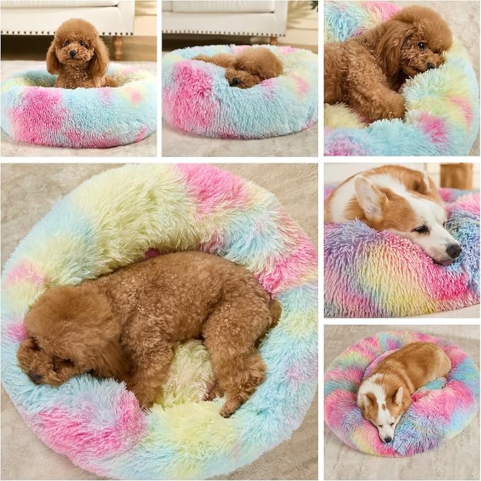 Dog Calming Beds for Small Medium Large Dogs - Round Donut Washable Puppy Dog Bed, Anti-Slip Faux Fur Fluffy Donut Cuddle Anxiety Cat Pet Bed(32'' Color)