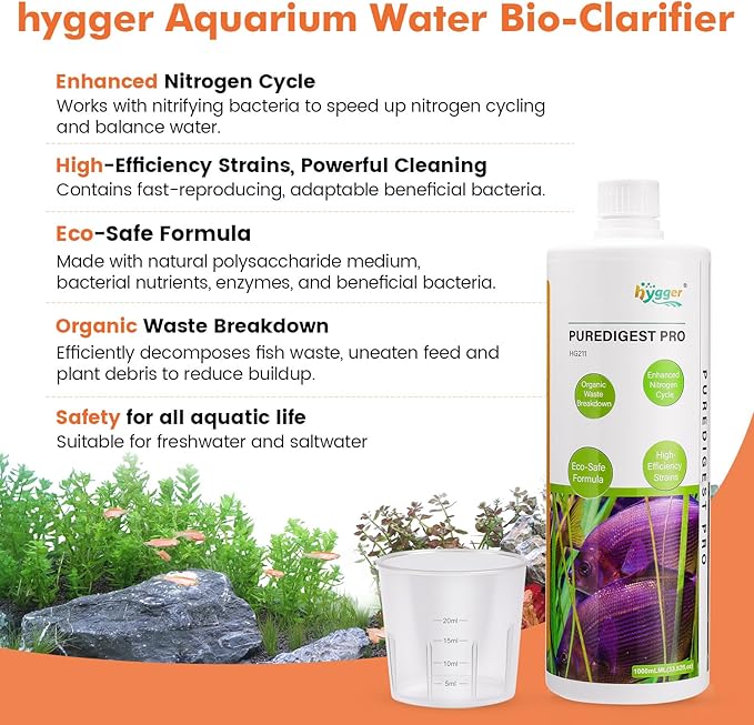 hygger Aquarium Water Bio-Clarifier, Reducing Fish Waste and Cleaning Organic Sludge, Natural Fish Tank Aquarium Leave-in Waste Management Solution for Freshwater and Saltwater Tanks, 300 ML