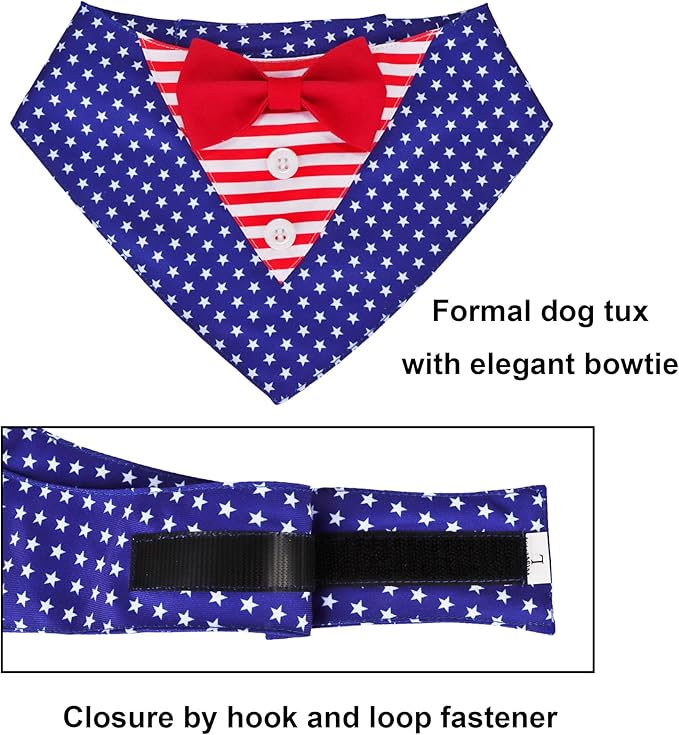 ADOGGYGO American Flag Dog Tuxedo Bandana, Red Blue Pet Tux with Bowtie Adjustable 4th of Julty Bandana Costume for Medium Dogs Pets (M)
