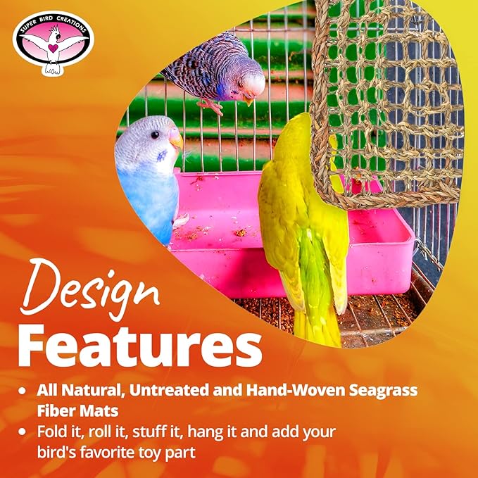 Super Bird Creations SB50004 Seagrass Mat for Cage Decor, Pet Enrichment and Boredom Relief - Versatile Toy-Making Base - Ideal for Parrots - Small to Large Birds & Reptiles - 10"x10" (3 Pack)