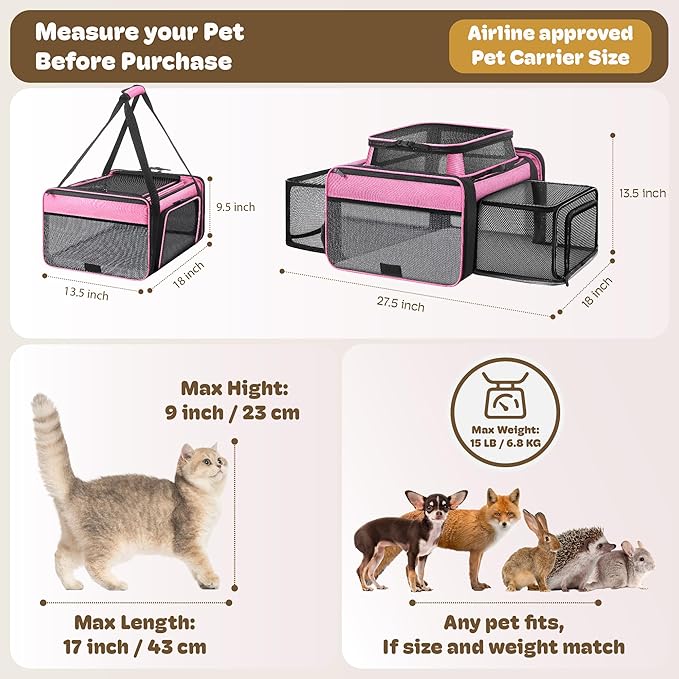 Top and 2 Sides Expandable Cat Carrier 18x13.5x9.5, TSA Airline Approved Dog Carriers for Small Dogs, Soft-Sided Pet Carrier with Self-Locking Zippers for Kitten,Rabbit, Puppy, Guinea Pig Pink