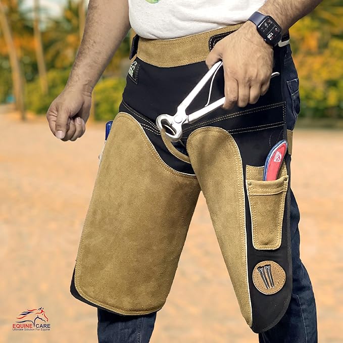 Equine Care Farrier Apron Chaps for Men 25" Cowhide Suede Leather & Canvas, Adjustable 28"-52" Waist, 2 Hammer Loops, Hoof Knife Pockets & Nail Magnets, Air Mesh, Farrier Tools for Hoof Trimming.