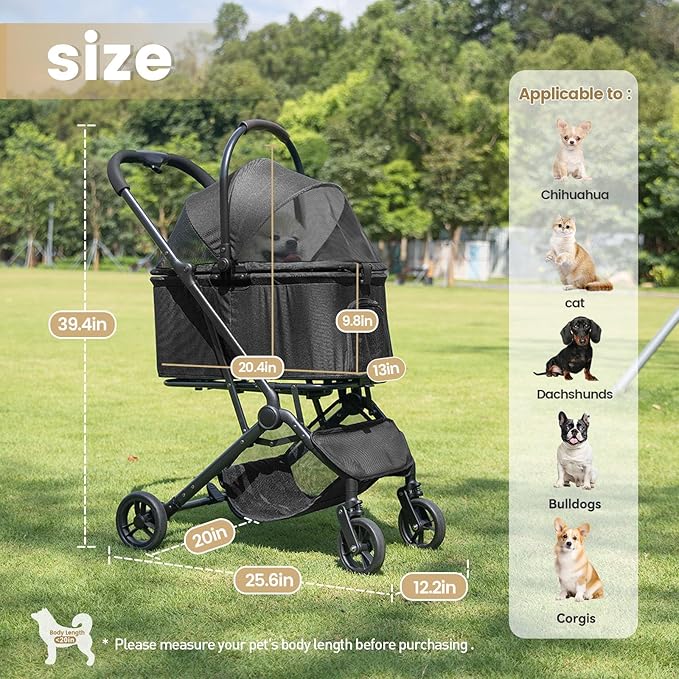 Wdyvko 3 in 1 Dog Stroller, Upgraded Frame, Up to 44lbs Pet Stroller with Dog Poop Bags & Dispenser, Zipperless Entry, Storage Basket & Pouch for Small Dogs Cats (Black)