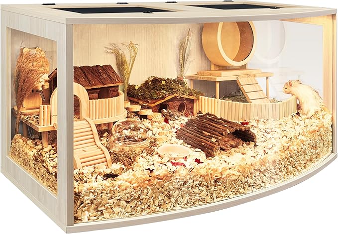 Prolee Hamster Cage Chew Proof Wood, Hamsters Enclosure Openable Top with Curved Design,Waterproof Small Animals Cage with Acrylic Sheets for Gerbils,Hamster Habitat(24 Inches)