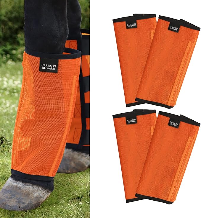 Harrison Howard Loose Fitting Fly Boots UV-Protective Extra Tough Mesh Ventilated Four Fasteners Stay-on Design Protect Horse Legs & Stomp-Reducing Set of 4 Orange Mini