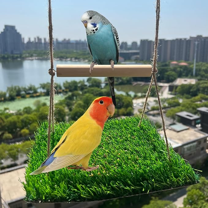 FlidRunest Bird Swing Mat with Wood Perch, Lawn Swing Hammock for Parrot, Simulated Grass Bird Swing Mat Hanging Climbing Hammock for Parakeet, Budgie, Conure, Cockatiel, Lovebird, Canary