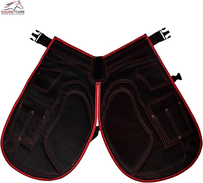 Equine Care Farrier Apron Chaps 2mm Cowhide Leather, 500 GSM Canvas, Air-Mesh, 27" Length, Adjustable Waist (28"-52"), Ergonomic Foam-Padded Thigh & Back Support, 4 Knife Pockets, 2 Nail Magnets.