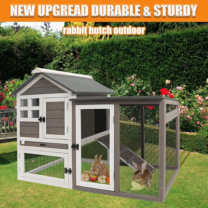 PetsCosset Rabbit Hutch Indoor Outdoor Rabbit Cages with Pull Out Tray Large Bunny Hutch Indoor Guinea Pig Cages Waterproof Asphalt Roof