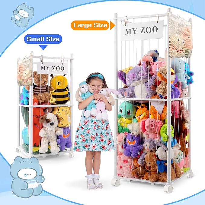 Stuffed Animal Storage Zoo with Wheels, Wooden Stuffed Animal Organizer with Elastic Cords, Space Saving Toy Plushies Storage Holder for Playroom, Bedroom, Living Room(White, Small)