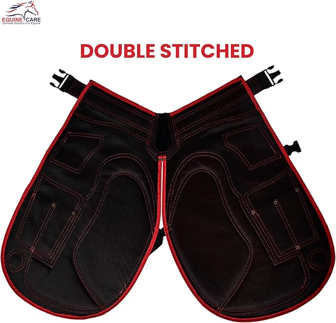 Equine Care Farrier Apron Chaps 2mm Cowhide Leather, 500 GSM Canvas, Air-Mesh, 27" Length, Adjustable Waist (28"-52"), Ergonomic Foam-Padded Thigh & Back Support, 4 Knife Pockets, 2 Nail Magnets.