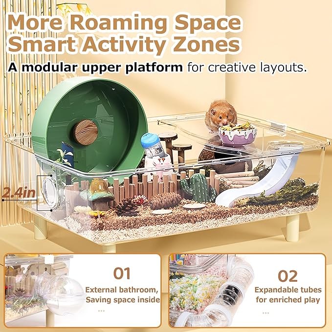 Large Hamster Cage,Crystal Clear Acrylic Hamster Cage with Stand,24.4''L*18.1''W*15.8''H Pet Mouse Cage for Pet Mice,Crystal Mouse Habitat,Hamster Enclosure with Modular Platform,Hamster Starter Kit