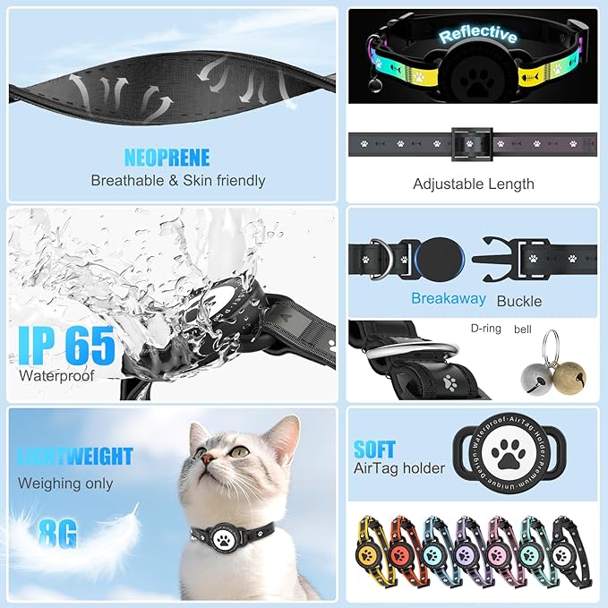 Airtag Cat Collar Breakaway, Reflective Cat Collar with AirTag Holder and Bell, Compatible with Apple Air Tag, Comfortable Padding, Adjustable, Durable (Black, S)