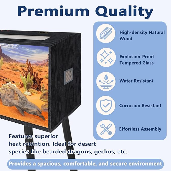 PROLEE 26 Gallon Reptile Tank, Tempered Glass Bearded Dragon Tank with Wooden Roof and Lockable Doors, Large Lizard Habitat for Snakes, Iguanas, Chameleons (Black)