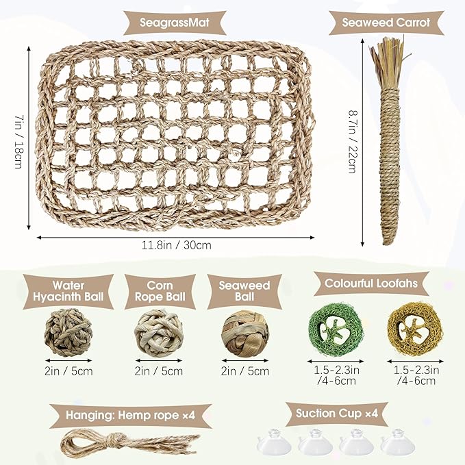 Hamiledyi Rabbit Seagrass Activity Mat Bunny Toy Hanging Rabbit Chew Toys for Teeth Enrichment Toys Seagrass Protector Mat Small Animal Toys for Chinchilla Guinea Pig Hamster Rat Rodent