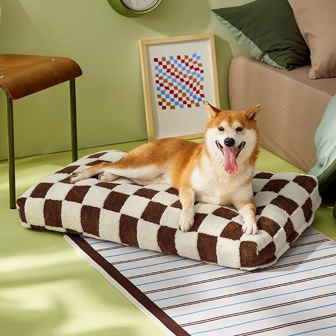 LE SURE Dog Beds Large Sized-Thick Shredded Chopped Foam Pet Bed Indoor with Removable Cover, Cute Modern Fuzzy Plush & Anti Slip Bottom, Brown