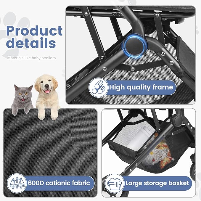 Wedyvko 3 in 1 Dog Stroller, Upgraded Frame, Up to 44lbs Pet Stroller with Dog Poop Bags & Dispenser, Zipperless Entry, Storage Basket & Pouch for Small Dogs Cats (Grey)