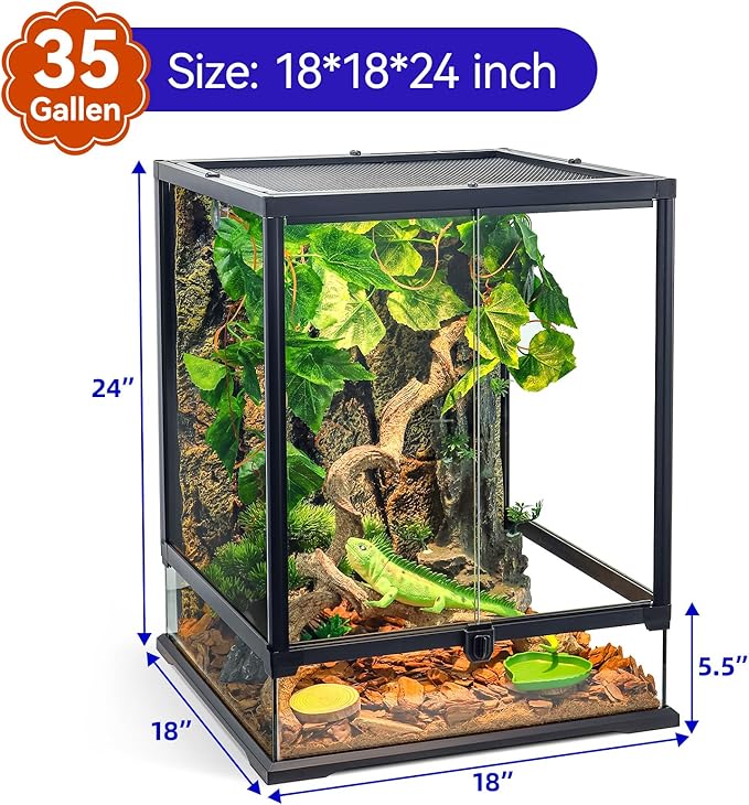 Full Glass Panoramic Vivarium for Crested Gecko Tank, Snake Enclosure, Reptile Cage with Front Door, Enhanced Ventilation & Concealed Wiring Holes 18" W x 18" x L24 H