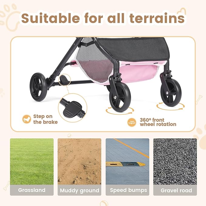 Wedyvko Dog Stroller, Carrier, Car Seat & Pet Stroller for Small Dogs, Max Load 33 lbs with Dog Poop Bags & Dispenser, Basket and Cup Holder (Pink)
