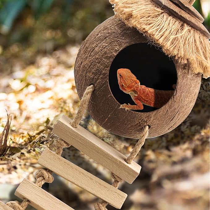 Crested Gecko Tank Accessories Coconut Hide with Ladder,Leopard Gecko Coconut Hut Hideout Hanging Lizard Seagrass Hammock Dragon Cage Lounger Jungle Vine Flexible Leaves Reptile Tank Decor