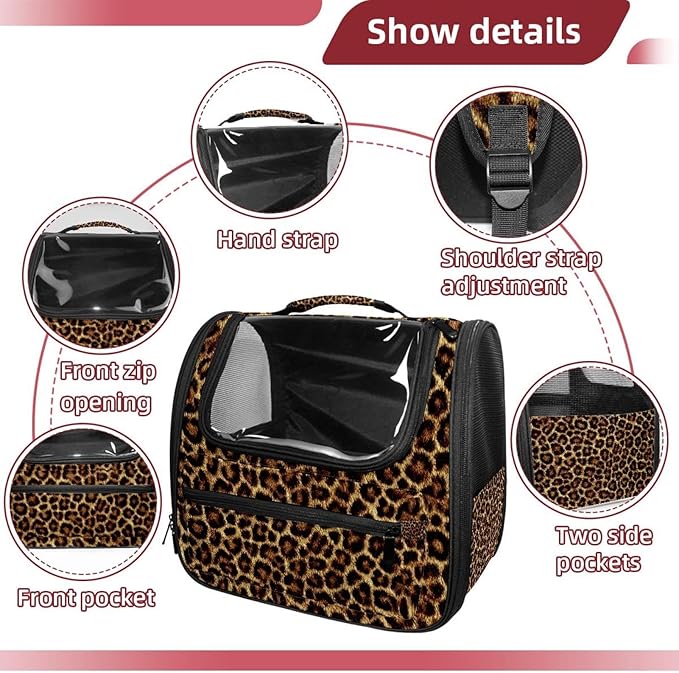 Portable Travel pet Backpack Carrier Hamster Bag Small Dog cat Carrier Breathable Hang Bag, Brown Leopard Print