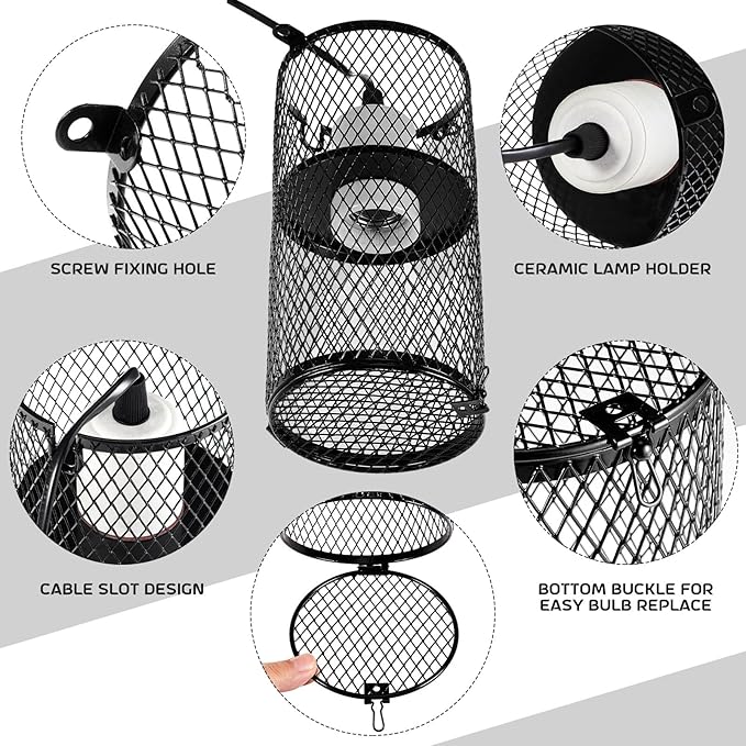 VIHOSE 4 Pcs Reptile Heat Lamp Guard with 150W Ceramic Heat Emitter Basking Anti Scald Heating Lamp Holder Mesh Cage Reptile Protection Lampshades for Lizard Snake Chick, Bulb Not Included