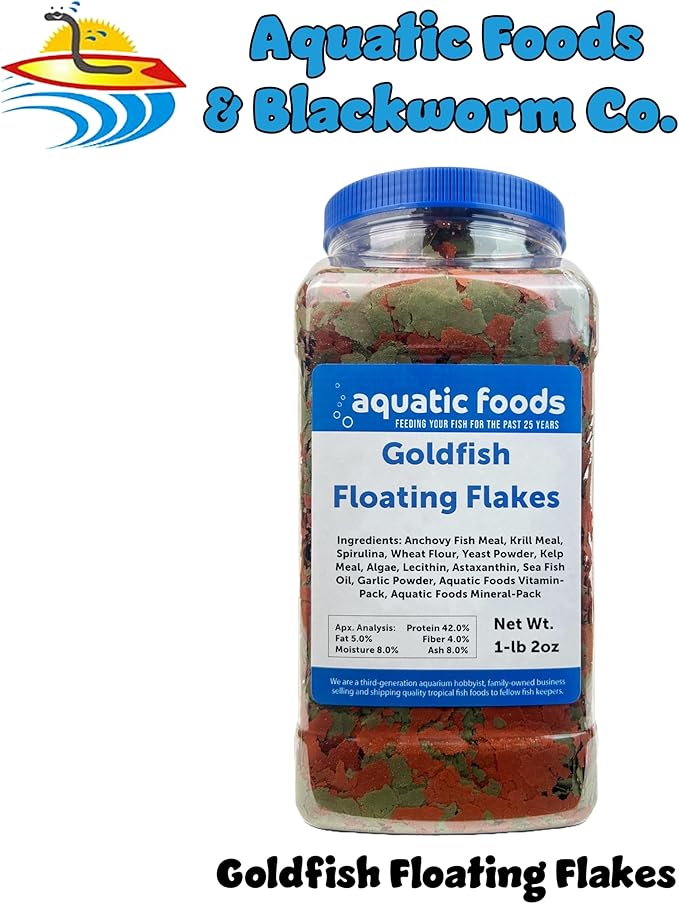 Aquatic Foods Inc. Goldfish Flakes, Premium Smaller Flakes for Aquarium Goldfish, Koi & Pond Fish- AFI Goldfish Flake…1-lb 2oz Lg Jar