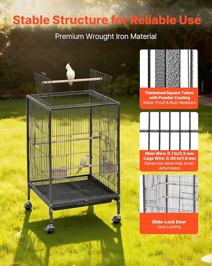 VEVOR Bird Cage, 18 x 18 x 30 inch, Open Flat Top, Wrought Iron Bird Flight Cage with Perches, Slide-Out Tray and Plastic Feeders, Casters, for Parrot, Blue Tit, Cockatiel, Canary, Budgerigar, Conure