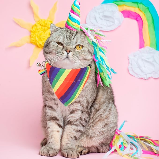 ADOGGYGO Rainbow Cat Collar with Bow Bandana - 2 Pack Cute Kitten Bowtie Collar for LGBT Pride Month, Adjustable Rainbow Collar for Cats
