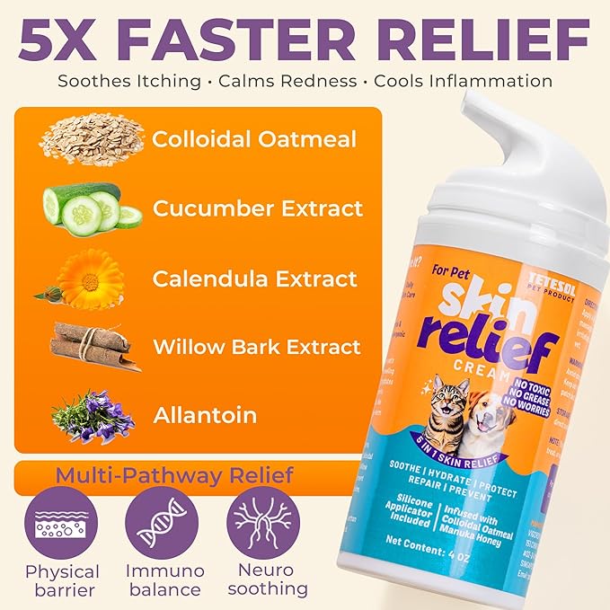 Dog Skin Soother - Dry Itchy Skin Relief & Hot Spots Soothing Cream for Dogs&Cats - Healing Ointment with Colloidal Oatmeal&Manuka Honey - Canine Conditioner Moisturizer with Applicator- 100g