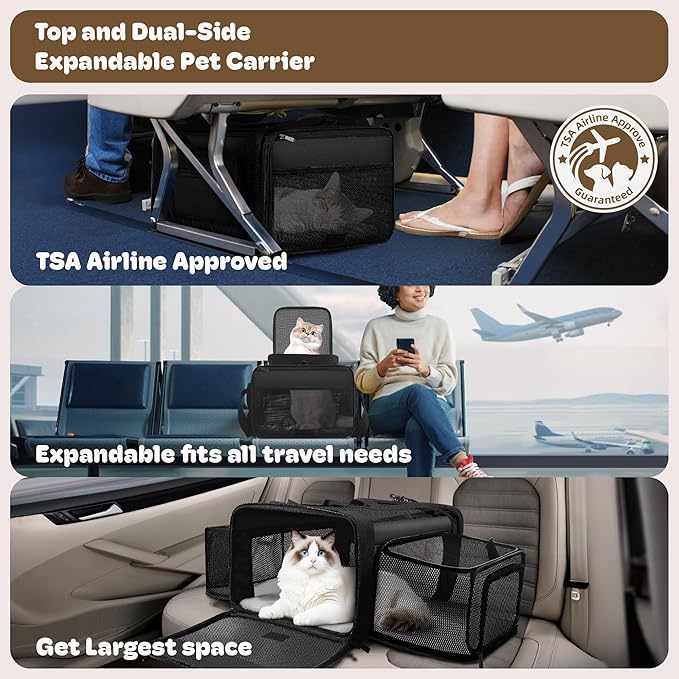 Top and 2 Sides Expandable Cat Carrier 18x13.5x9.5, TSA Airline Approved Dog Carriers for Small Dogs, Soft-Sided Pet Carrier with Self-Locking Zippers for Kitten,Rabbit, Puppy, Guinea Pig Black