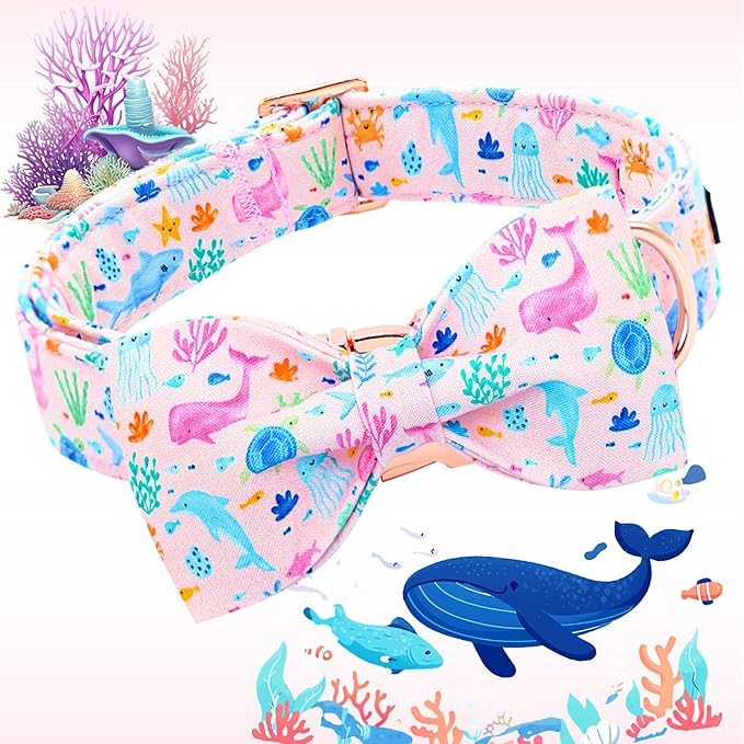 Lionheart glory Dog Bow Collar Sea Animals Print Pink Dog Collar for Medium Dogs,Female Male Dog Collars with Bowtie Spring Summer Collars Soft Adjustable Pet Collar Bows