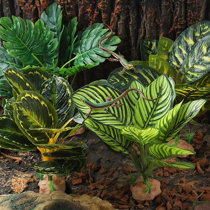 IBWell Reptile Terrarium Plants - Tortoise Habitat Accessories, Artificial Spider Plant for Gecko, Ball Python - Calathea Makoyana A
