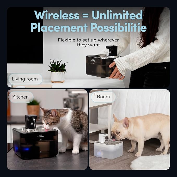 Cat Water Fountain Cordless, 88oz/2.6L Wireless Pet Water Fountains for Cats Indoor, Battery Operated Cat Drinking Fountain with Motion Sensor, Ultra Quiet Pump, BPA-Free, White